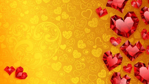 小的和几个水晶心脏的背景 红色的黄色 情人节的说明 — 图库矢量图片