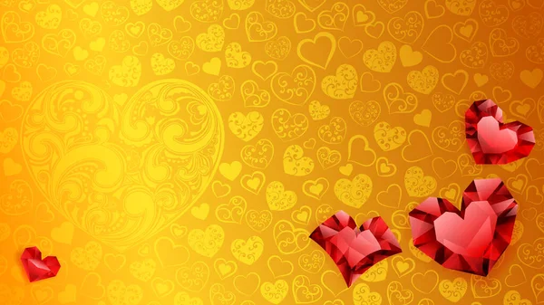 小的和几个水晶心脏的背景 红色的黄色 情人节的说明 — 图库矢量图片