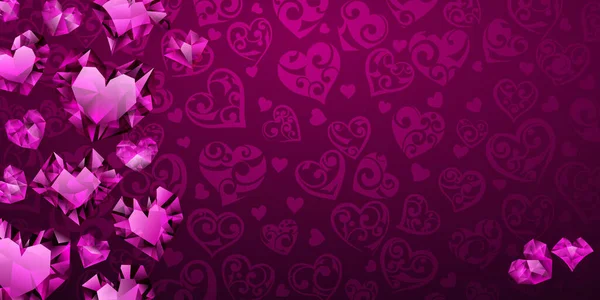 Büyük Küçük Mor Renkli Kristal Kalplerin Arka Planı Sevgililer Günü — Stok Vektör