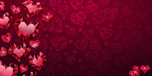 Büyük Küçük Kırmızı Renkli Kristal Kalplerin Arka Planı Sevgililer Günü — Stok Vektör