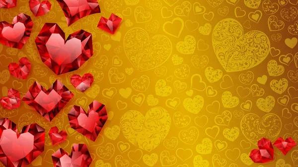 Fondo Grandes Pequeños Varios Corazones Cristal Rojo Sobre Amarillo Ilustración — Archivo Imágenes Vectoriales