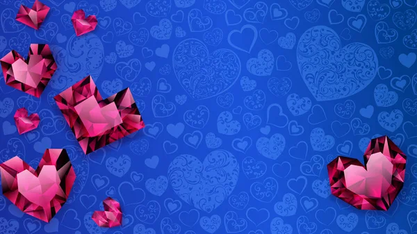 Fond Grands Petits Plusieurs Coeurs Cristal Rouge Sur Bleu Illustration — Image vectorielle