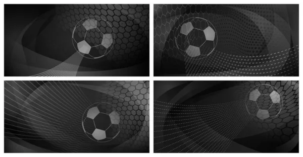 黒とグレーの色で大きなボールと4つのサッカーやサッカーの背景のセット — ストックベクタ