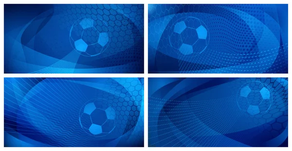 青い色の大きなボールを持つ4つのサッカーやサッカーの背景のセット — ストックベクタ
