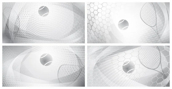 ボールとラケットを白とグレーの色で4抽象的なテニスの背景のセット — ストックベクタ