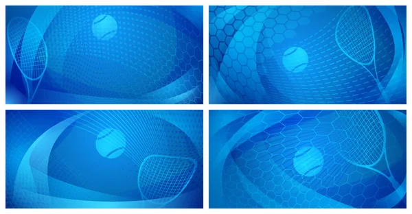 4つの抽象的なテニスの背景とボールとラケットの青の色 — ストックベクタ
