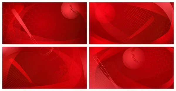 野球バットとボールの赤い色の4つの背景のセット — ストックベクタ