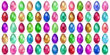 Değişik renklerde büyük Paskalya yumurtaları ve beyaz arka planda gölgeler.