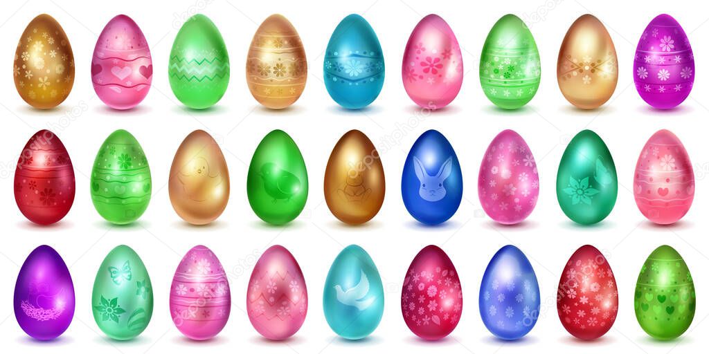 Big set of realistic Easter eggs in various colors with holiday symbols, glares and shadows on white background