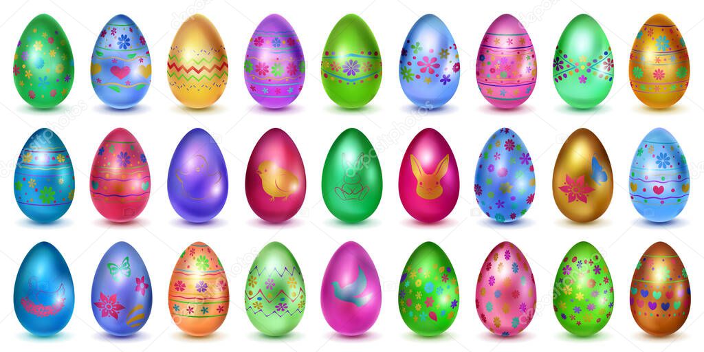 Big set of realistic Easter eggs in various colors with holiday symbols, glares and shadows on white background