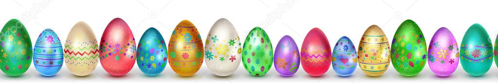 Banner made of realistic Easter eggs in various colors with holiday symbols, glares and shadows on white background with seamless horizontal repetition