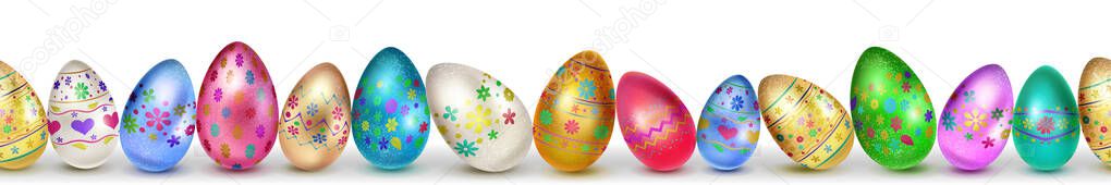 Banner made of realistic Easter eggs in various colors with holiday symbols, glares and shadows on white background with seamless horizontal repetition