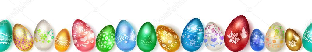 Banner made of realistic Easter eggs in various colors with holiday symbols, glares and shadows on white background with seamless horizontal repetition