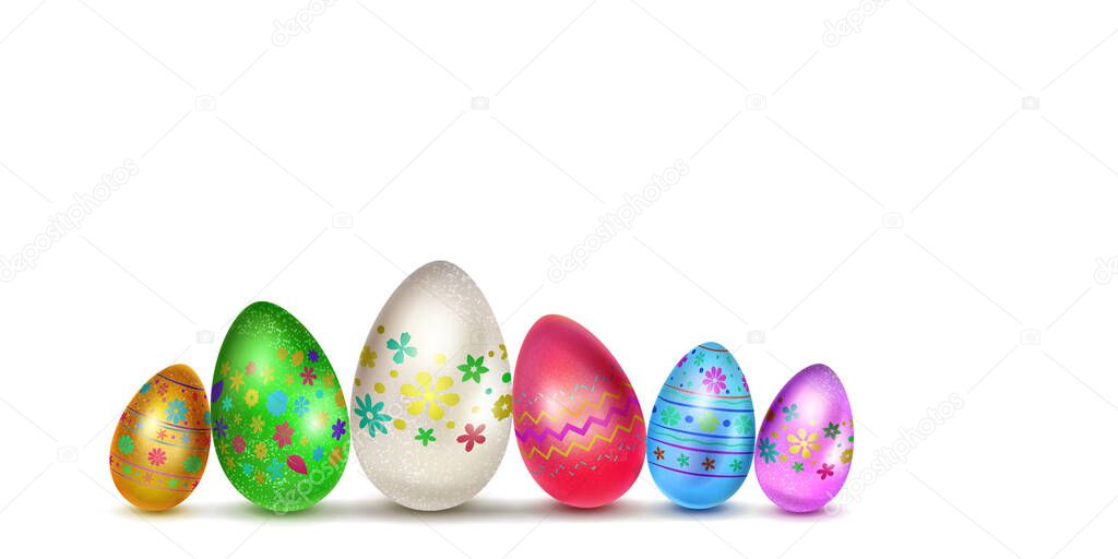 Illustration with several realistic Easter eggs in various colors with holiday symbols, glares and shadows on white background