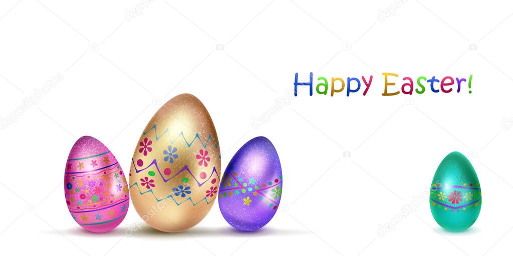 Illustration with several realistic Easter eggs in various colors with holiday symbols, glares and shadows on white background