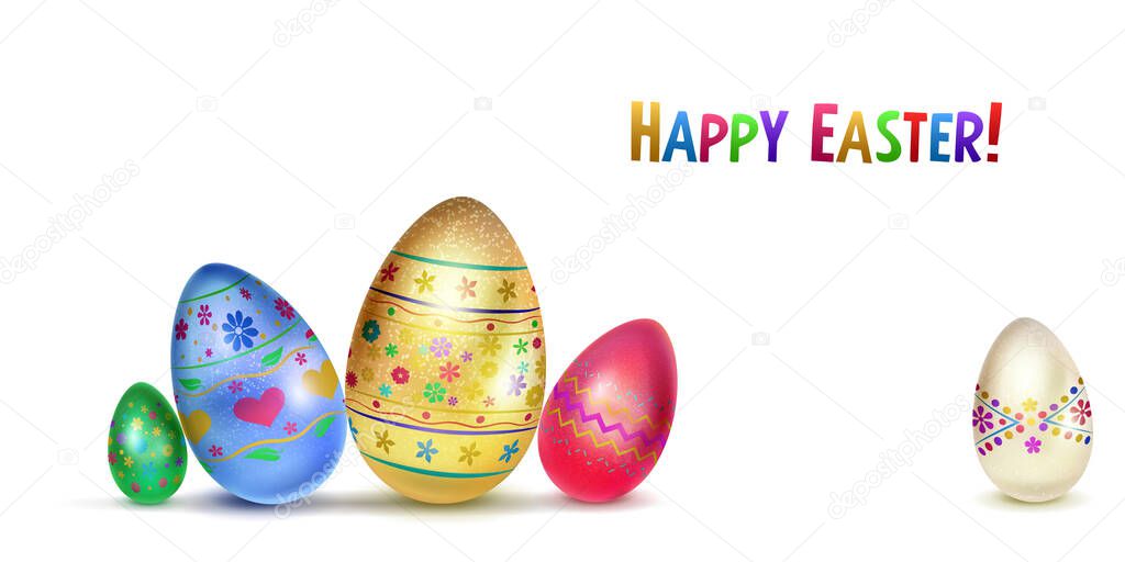 Illustration with several realistic Easter eggs in various colors with holiday symbols, glares and shadows on white background