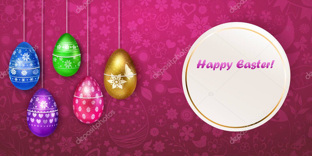 Illustration with several hanging realistic Easter eggs in various colors with holiday symbols, glares and shadows on colorful background