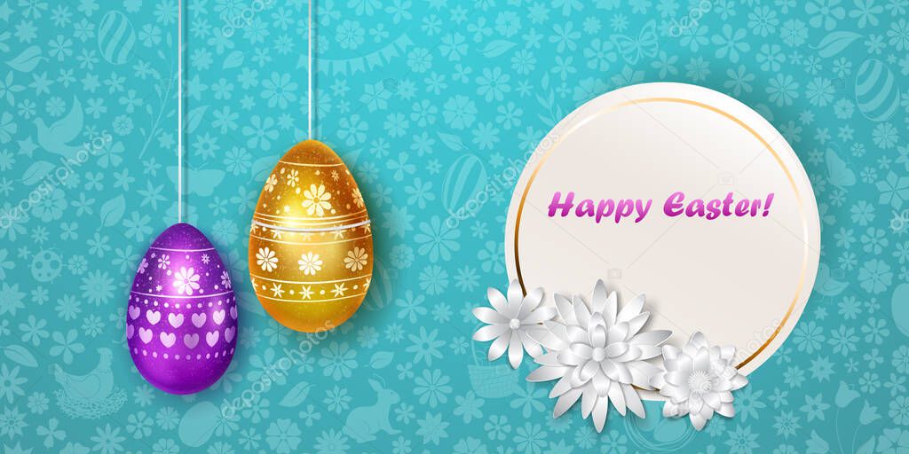 Illustration with several hanging realistic Easter eggs in various colors with holiday symbols, glares and shadows on colorful background