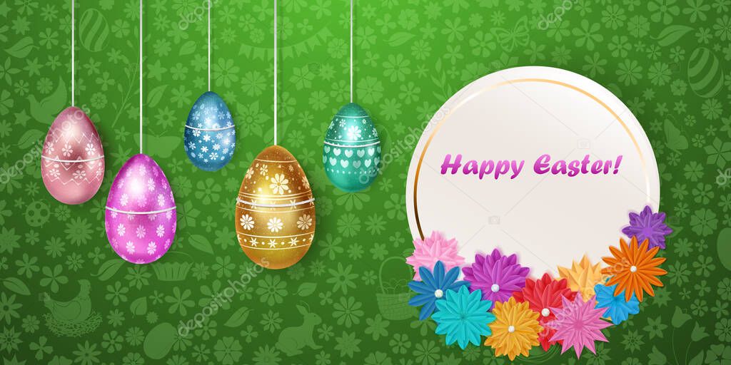 Illustration with inscription, flowers and several hanging realistic Easter eggs in various colors with holiday symbols on colorful background