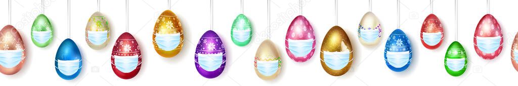 Banner made of realistic hanging Easter eggs in various colors with holiday symbols in medical masks on white background with seamless horizontal repetition