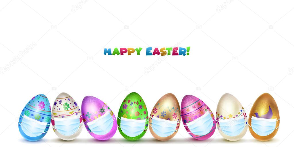 Illustration of realistic Easter eggs in various colors with holiday symbols, in medical masks on white background
