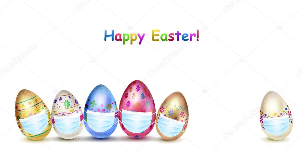 Illustration of realistic Easter eggs in various colors with holiday symbols, in medical masks on white background