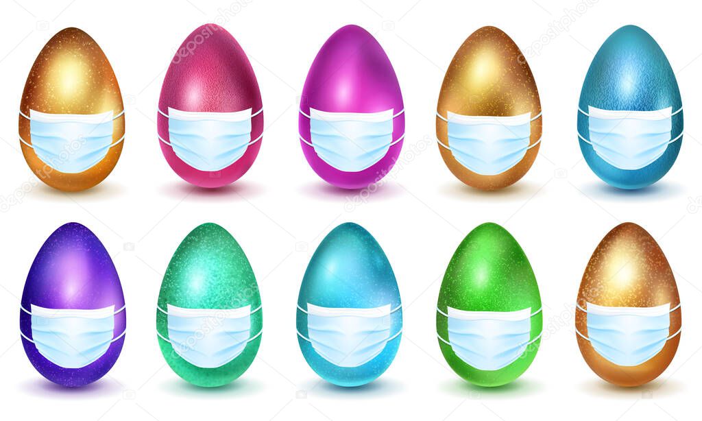 Set of realistic Easter eggs in various colors with different surface texture, in medical masks on white background
