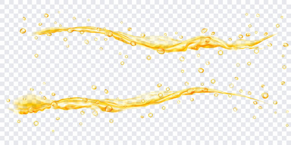 Translucent water jets with drops in yellow colors, isolated on transparent background. Transparency only in vector file