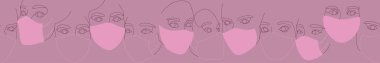 Koruyucu tıbbi maskeli kadın yüzlerinin bayrağı sürekli tek bir çizgiyle çizilmiş. Güzel kadınların minimalist ve soyut portreleri. Modern moda konsepti. Pembe renklerle