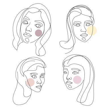 Aralıksız tek bir çizgiyle çizilmiş kadın yüzleri. Güzel kadınların minimalist ve soyut portreleri. Modern moda konsepti. Beyaz arkaplanda siyah çizim