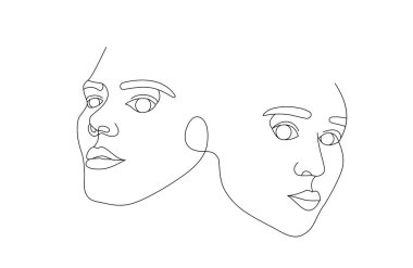 İki kadın yüzü sürekli bir çizgi ile çizilmiş. Güzel kadınların minimalist ve soyut portreleri. Modern moda konsepti. Beyaz arkaplanda siyah çizim