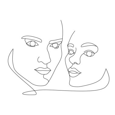 İki kadın yüzü sürekli bir çizgi ile çizilmiş. Güzel kadınların minimalist ve soyut portreleri. Modern moda konsepti. Beyaz arkaplanda siyah çizim
