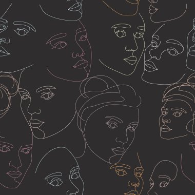 Aralıksız tek bir çizgiyle çizilmiş kusursuz kadın yüzü deseni. Güzel kadınların minimalist ve soyut portreleri. Modern moda konsepti. Siyah arkaplanda çizim