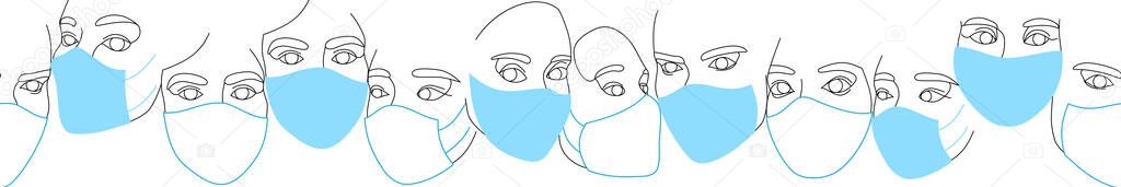 Banner of female faces in protective medical masks drawn with one continuous line. Minimalistic abstract portraits of beautyful women. Modern fashion concept. In light blue colors