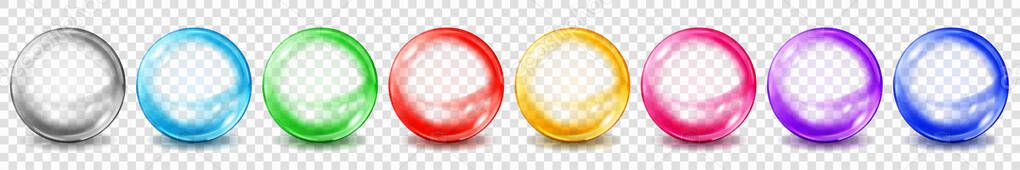 Set of translucent colored spheres with glares and shadows on transparent background. Transparency only in vector format