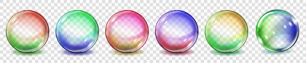 Set of translucent colored spheres with glares and shadows on transparent background. Transparency only in vector format