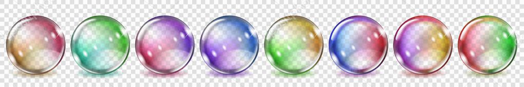 Set of translucent colored spheres with glares and shadows on transparent background. Transparency only in vector format