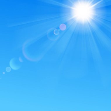 Mavi gökyüzü, güneş, ışınlar ve merceklerle donatılmış arka plan