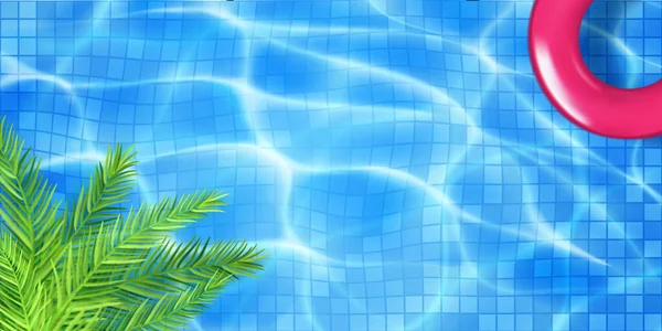 Pohled Bazén Mozaikovými Dlaždicemi Nafukovacím Kroužkem Palmovými Listy Povrch Vody — Stockový vektor
