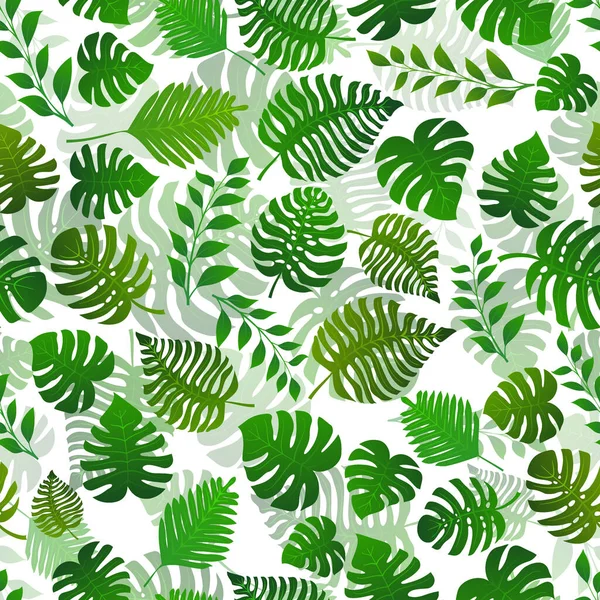 Egzotik orman bitkilerinin kusursuz deseni. Tropik palmiye yaprakları. Yağmur ormanı illüstrasyonu, yeşil renkli..