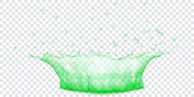 Damlalı şeffaf su kaplaması. Yeşil renkli sıçrama, şeffaf arkaplanda izole edilmiş. Sadece vektör dosyasında şeffaflık