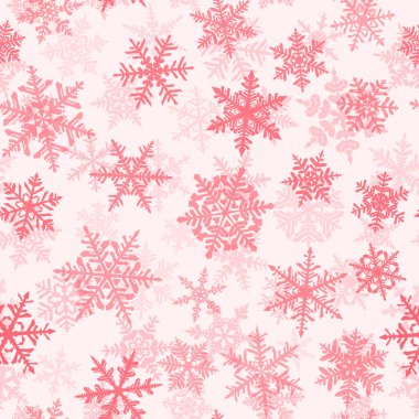 Karmaşık büyük ve küçük kar taneleri olan kusursuz bir Noel deseni, beyaz arka planda kırmızı