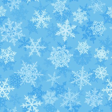 Karmaşık, büyük ve küçük kar taneleriyle kusursuz bir Noel deseni, açık mavi arka planda beyaz