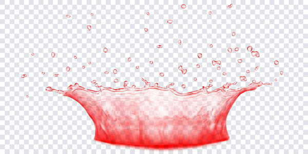 Translucent water crown with drops. Splash in red colors, isolated on transparent background. Transparency only in vector file