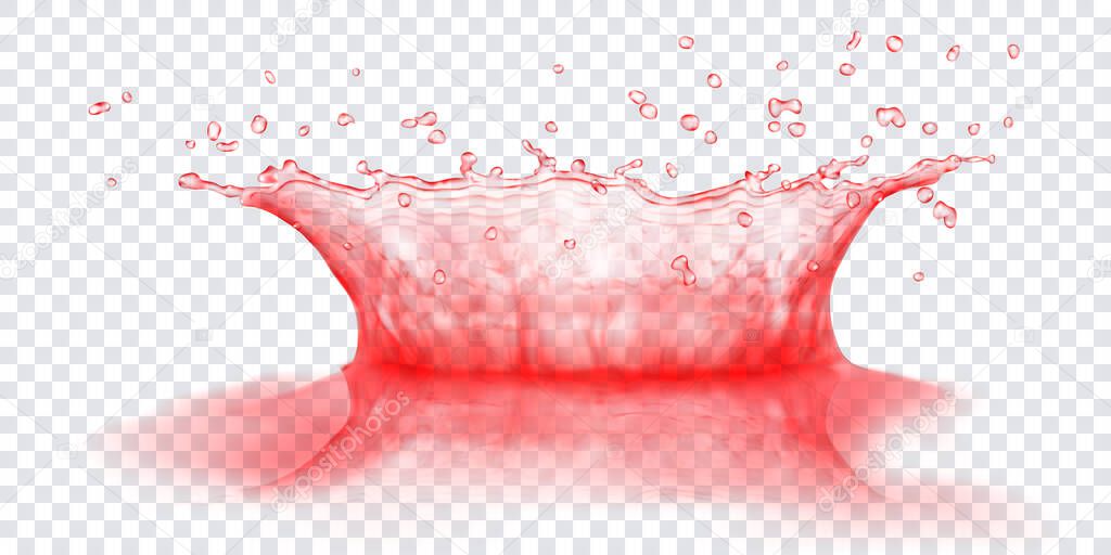 Translucent water crown with drops and reflection. Splash in red colors, isolated on transparent background. Transparency only in vector file