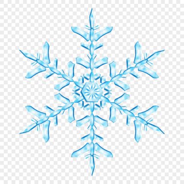 Açık mavi renklerde, şeffaf arkaplanda izole edilmiş büyük, şeffaf Noel kar taneleri. Sadece vektör biçiminde şeffaflık