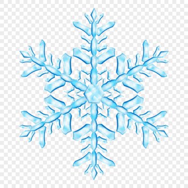 Açık mavi renklerde, şeffaf arkaplanda izole edilmiş büyük, şeffaf Noel kar taneleri. Sadece vektör biçiminde şeffaflık