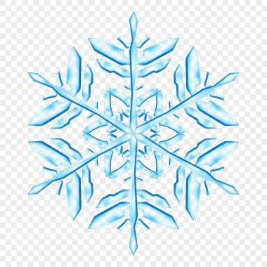 Açık mavi renklerde, şeffaf arkaplanda izole edilmiş büyük, şeffaf Noel kar taneleri. Sadece vektör biçiminde şeffaflık