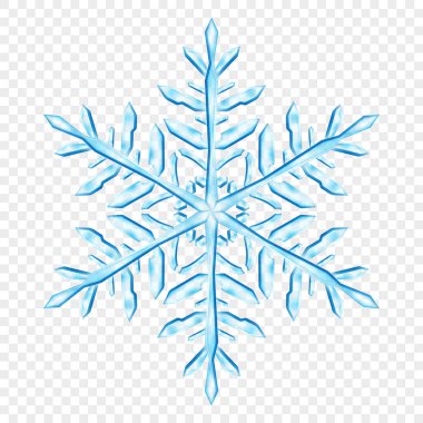 Açık mavi renklerde, şeffaf arkaplanda izole edilmiş büyük, şeffaf Noel kar taneleri. Sadece vektör biçiminde şeffaflık