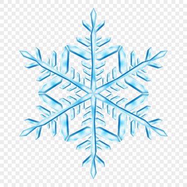 Açık mavi renklerde, şeffaf arkaplanda izole edilmiş büyük, şeffaf Noel kar taneleri. Sadece vektör biçiminde şeffaflık